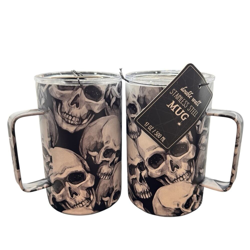 (2) Spooky Skeleton Skull Insulated Tumblers with Handle LIMITED EDITION